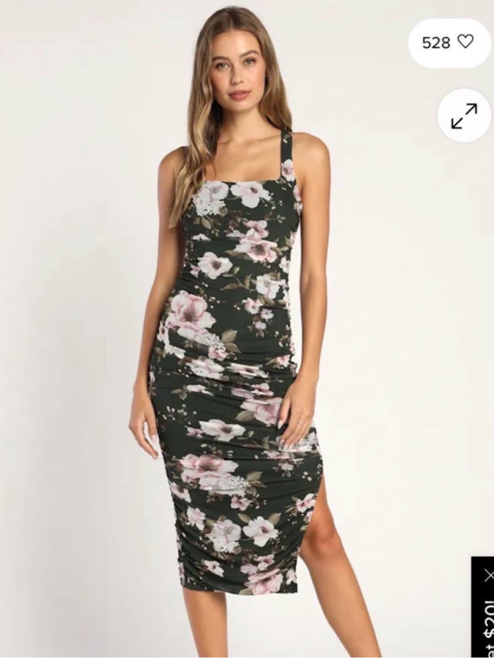 Lulus- Floral Square-Neck Bodycon Dress in Dark Green